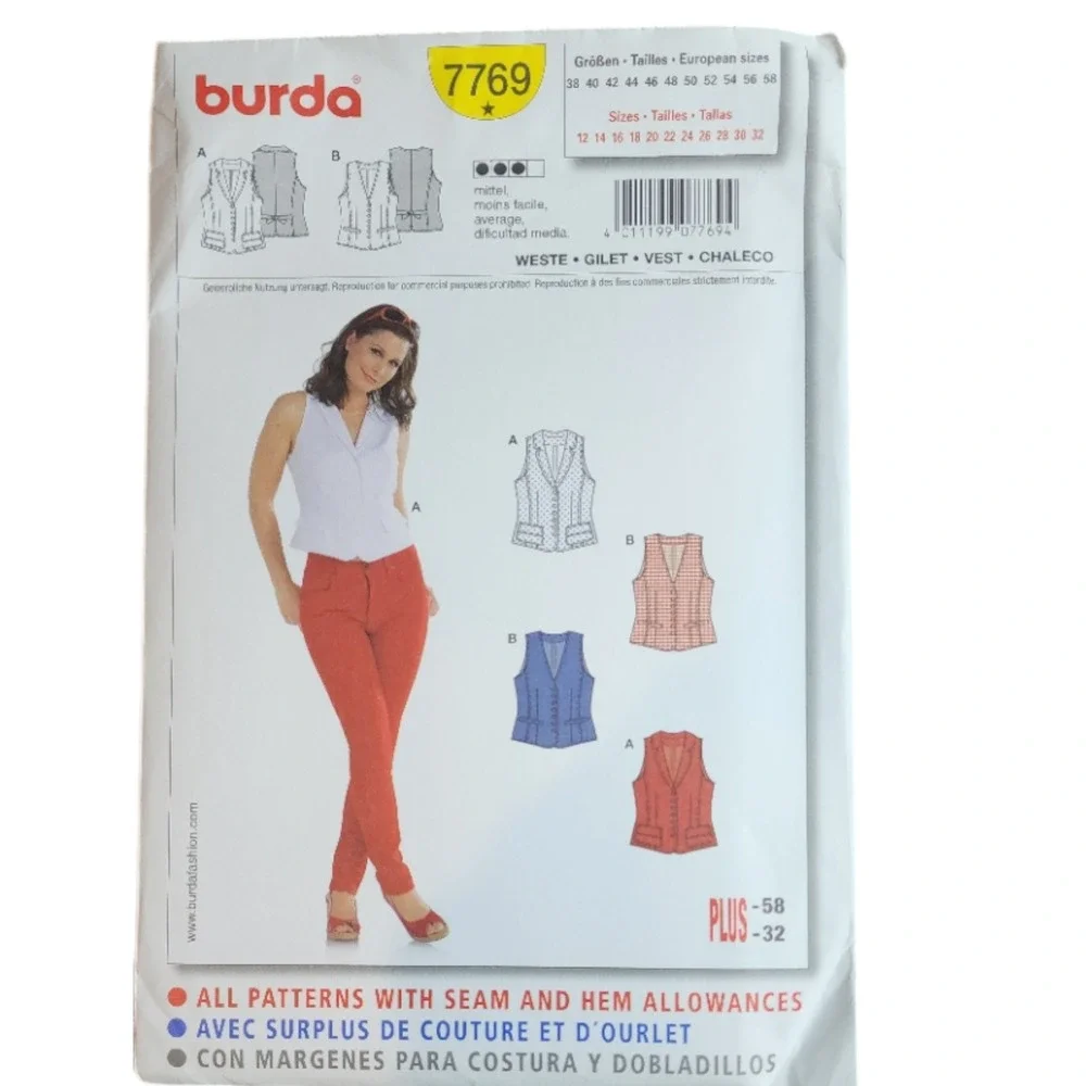 BURDA 7769 WAISTCOAT VEST Women Plus Size Sewing Pattern 12-32 Uncut Avg Skill